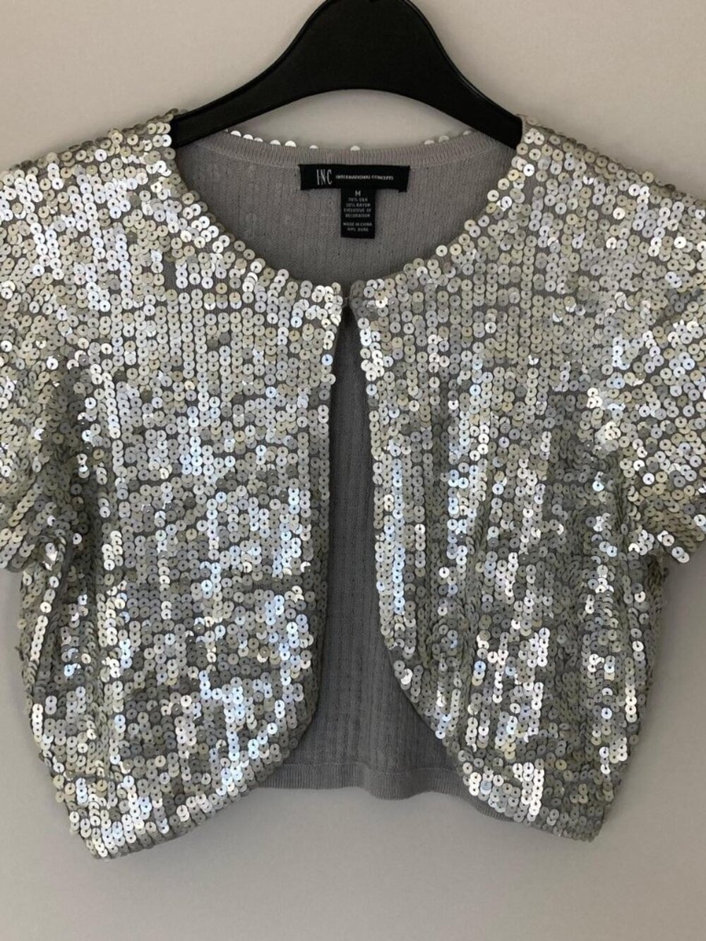 INC International Concepts Women's Silver Sequin silk bolero shrug sweater top